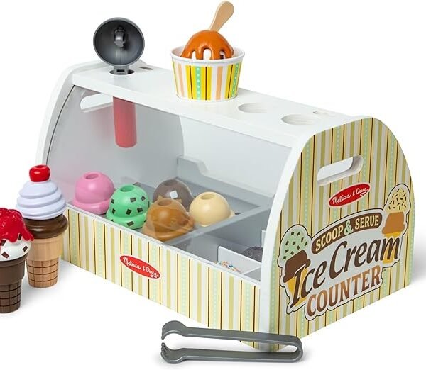 Melissa & Doug Wooden Scoop & Serve Ice Cream Counter, Pretend Play Store, 28 Toy Food & Play Kitchen Accessories, Preschool Toys for Girls & Boys 3+